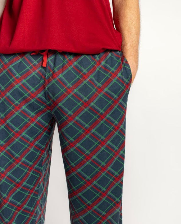 Men’s Layton Plaid Sleep Pants in dark blue with red and green plaid and a red drawstring. Available in sizes S-XXL.