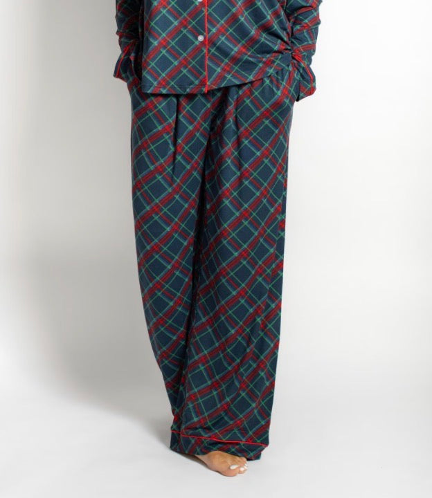Women’s Layton Plaid Sleep Pants in dark green with red and blue plaid and red piping. Available in multiple sizes.