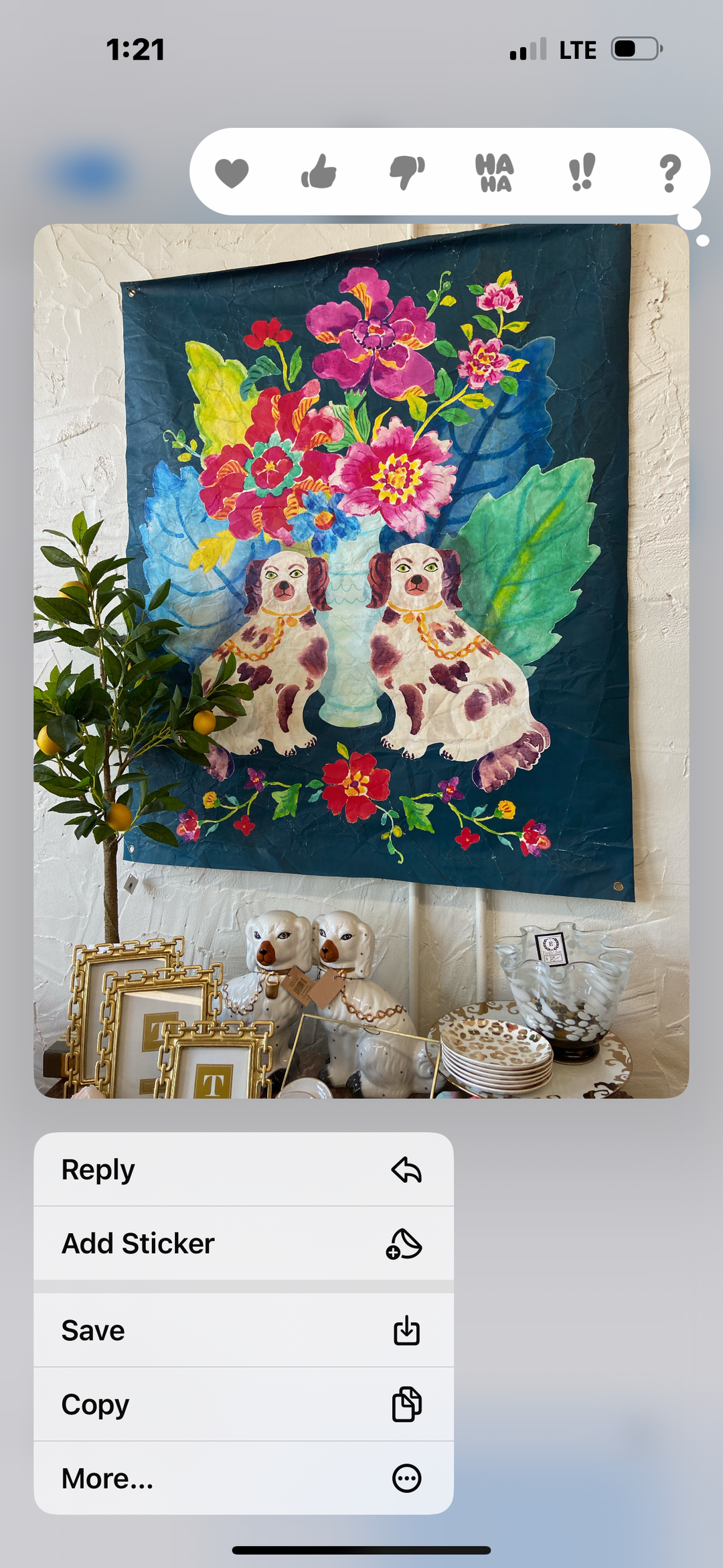 38x46" Paper Art, "Tobacco Leaf Staffordshire" by Casey Krimmel, features two spotted dogs and flowers.