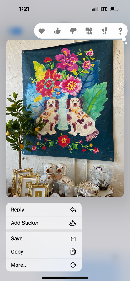 38x46" Paper Art, "Tobacco Leaf Staffordshire" by Casey Krimmel, features two spotted dogs and flowers.
