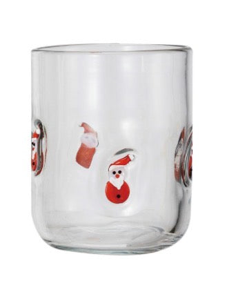 Holiday Icon Glass, a clear tumbler with raised Santa Claus and stocking icons.