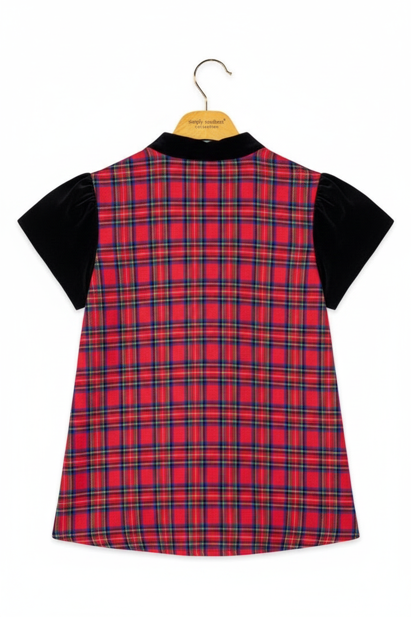 Plaid Scalloped Blouse with short black sleeves, red tartan pattern, and black velvet-trimmed scalloped collar. Available in sizes XS-XL.