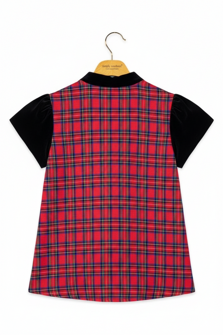 Plaid Scalloped Blouse with short black sleeves, red tartan pattern, and black velvet-trimmed scalloped collar. Available in sizes XS-XL.