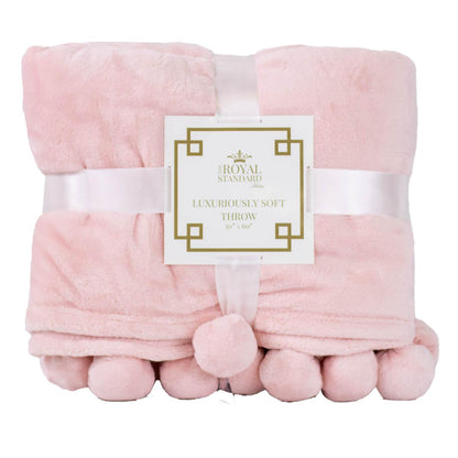 The Cozy Pom Pom Throw in light pink, soft polyester, size 50" x 60", wrapped with a white ribbon.