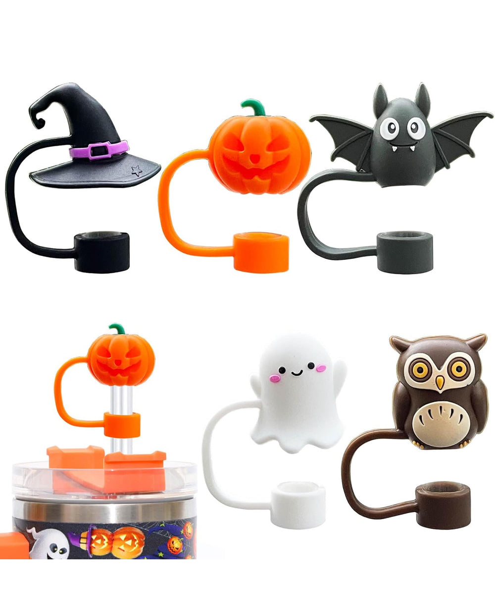 Halloween straw covers in witch hat, jack-o’-lantern, bat, ghost, and owl shapes.