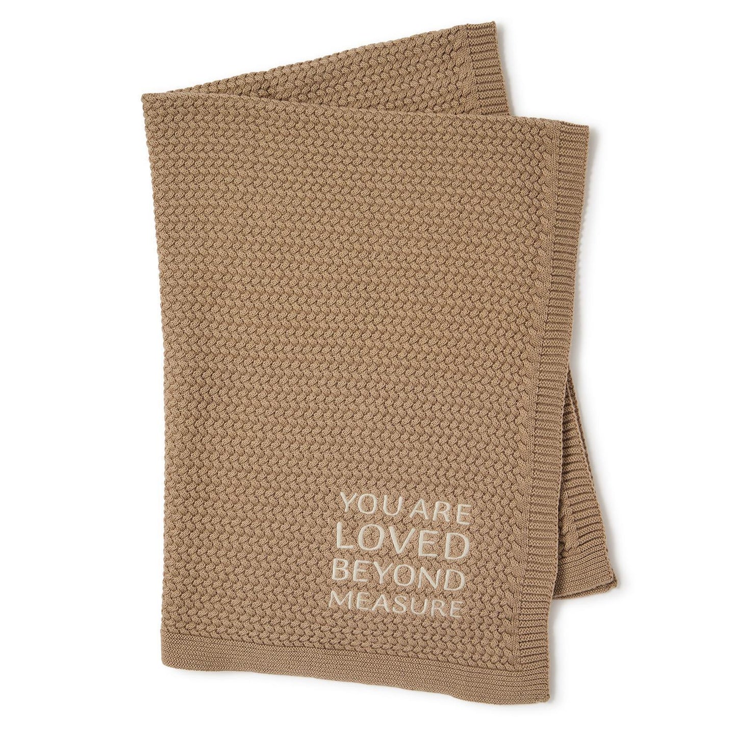 Brown textured knit baby blanket, “YOU ARE LOVED BEYOND MEASURE” embroidered in white. Sizes available: 30"x40".
