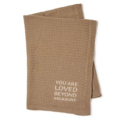 Brown textured knit baby blanket, “YOU ARE LOVED BEYOND MEASURE” embroidered in white. Sizes available: 30"x40".