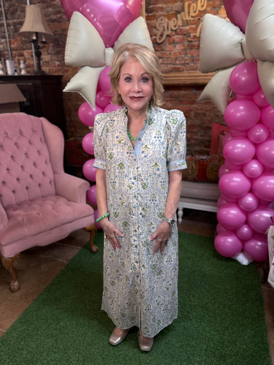 Blue Floral Print Button-Up Midi Dress