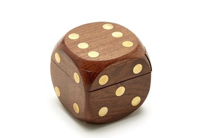 Acacia wood dice box shaped like a die with rounded edges and gold dots. Available in small, medium, and large sizes.