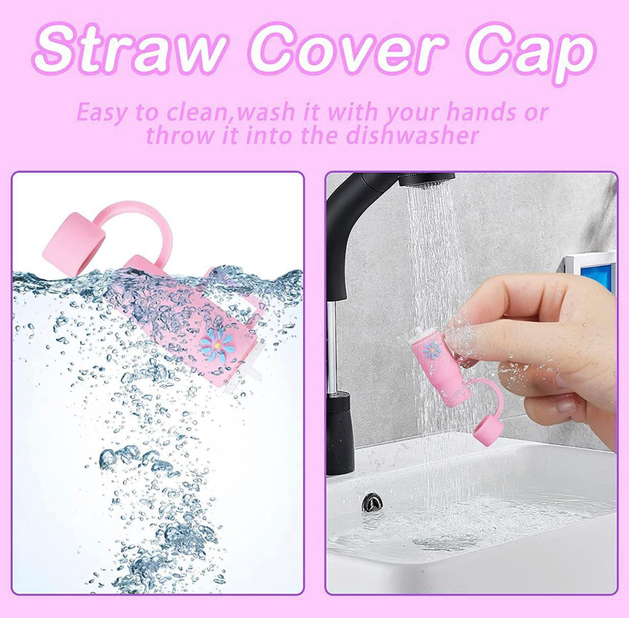 The product is a pink Straw Cover Cap. It is designed to be durable and easy to clean, as demonstrated by images of it being washed and submerged in water. It is available in one standard size that fits most standard straw sizes. The cap provides a hygienic solution for straw users by preventing dust or other impurities from coming into contact with the drinking surface.