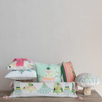 16-inch square cotton printed pillow with patterned design and velvet appliqué bow. Available in 16-inch size.