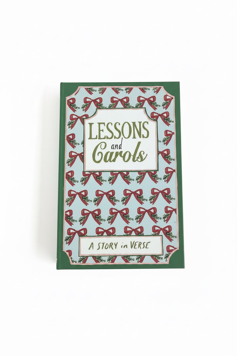 Canvas Book Storage Box with red bows and green pine pattern, titled “Lessons and Carols: A Story in Verse.”.