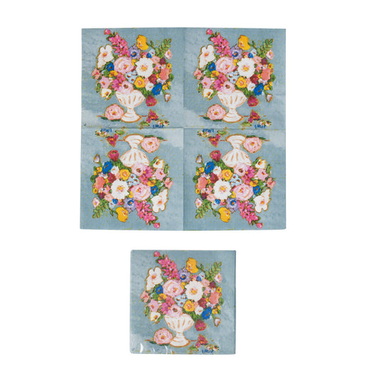 Set of five square paper napkins, light blue with white vase and colorful flowers. Available sizes: 6.5" x 6.5".