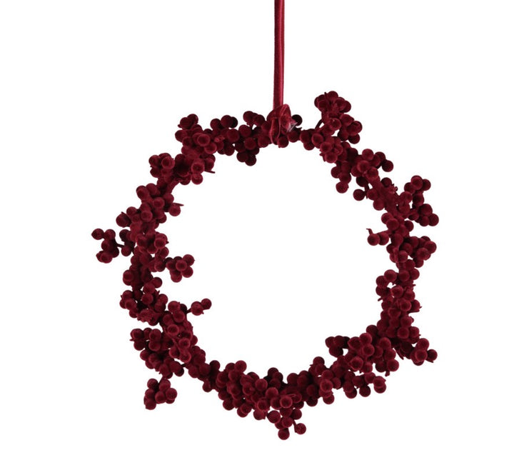 8” Burgundy flocked foam ball wreath with circular design and matching ribbon.