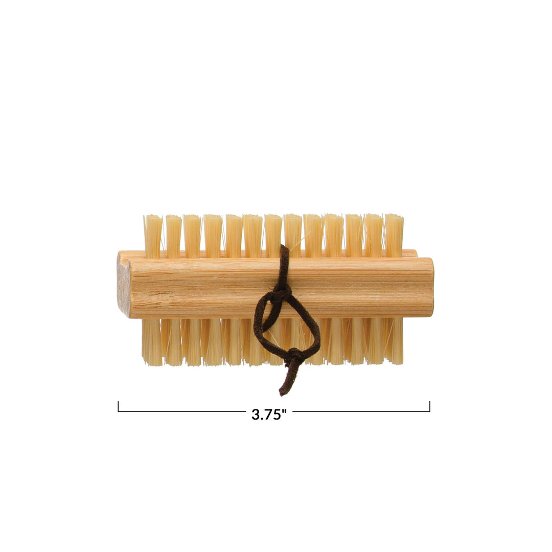 Eco-friendly, double-sided bamboo brush with light bristles, black string loop; 3.75 inches long.