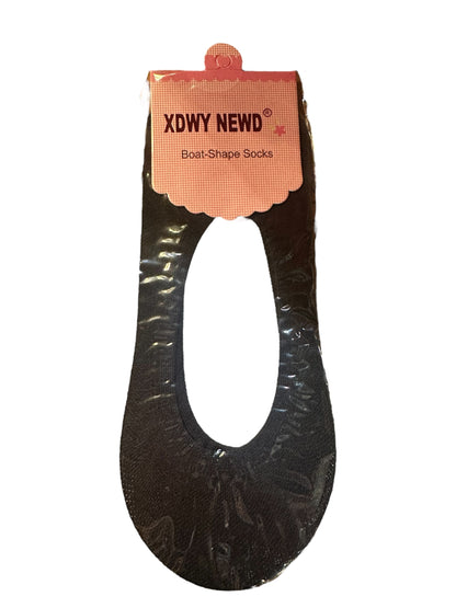 Women's black Basic Boat Shape Socks, polyester-cotton blend, "XDWY NEWD" packaging with pink tag. Sizes: S, M, L.