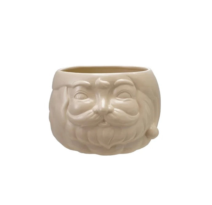 Beige stoneware Santa head mug with mustache and hat.