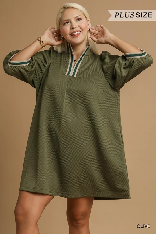 Olive Jacquard High Neck Dress, plus size, loose fit, striped neckline trim. Available in sizes 1X-4X.