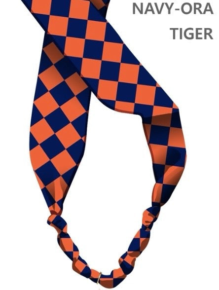 Orange and navy silk knotted scarf with checkered pattern; available sizes: S, M, L.