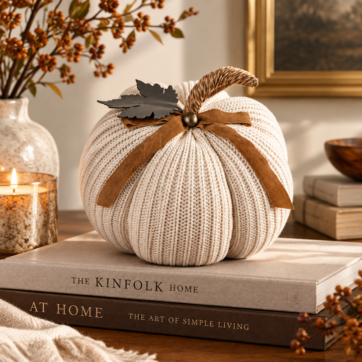Cream knit pumpkin with suede bow and leaf detail. Available in multiple sizes.