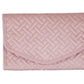 Pink quilted clutch purse with flap closure and chevron pattern design. Perfect for travel. Rectangular shape. Sizes available: One size only.