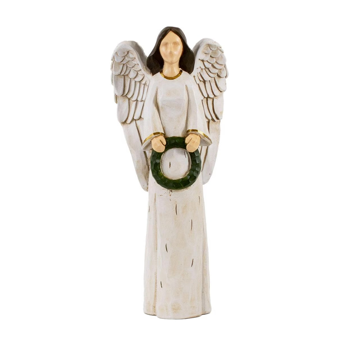 Naomi Angel figurine with outstretched wings, white robe, and green wreath. Available in various sizes.