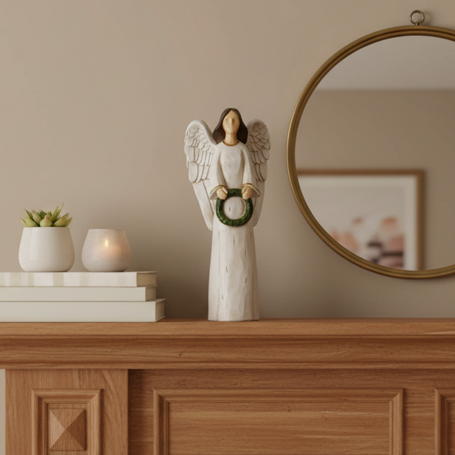 Naomi Angel figurine holding a green wreath. Available in various sizes.