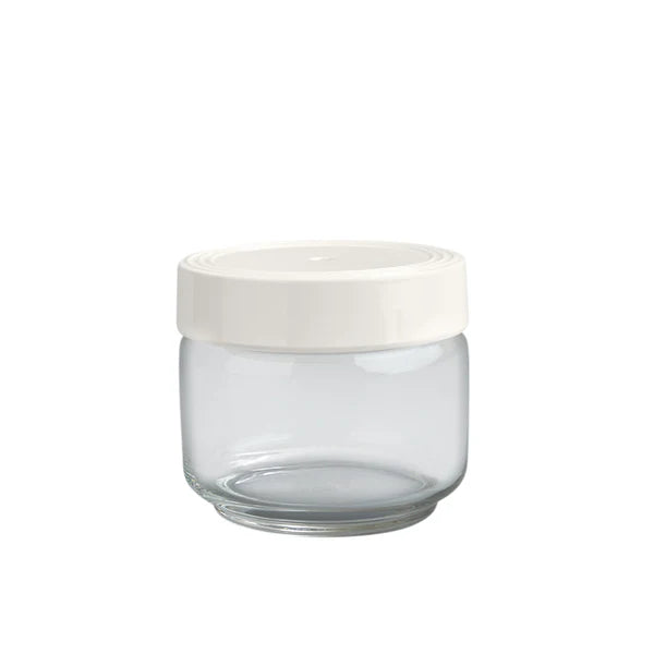 Pinstripes Canister: Small clear glass jar with wide mouth and white plastic screw-on lid. Dishwasher safe. Available size: Small, 11 oz (325 ml).