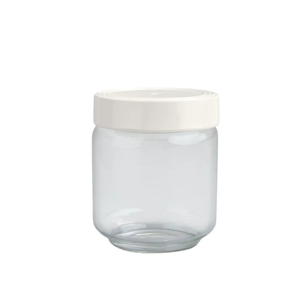 Clear glass storage canister with wide mouth and plain white melamine screw-on lid. Available in 1200ml, 1600ml, and 2100ml sizes.