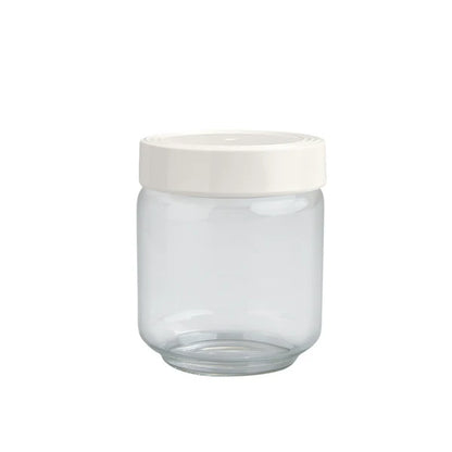 Clear glass storage canister with wide mouth and plain white melamine screw-on lid. Available in 1200ml, 1600ml, and 2100ml sizes.