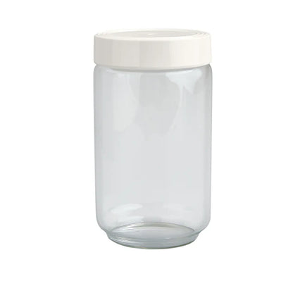 Clear glass canister with wide mouth and white, microwave-safe screw-on lid. Available sizes: 10 oz, 22 oz, 34 oz.