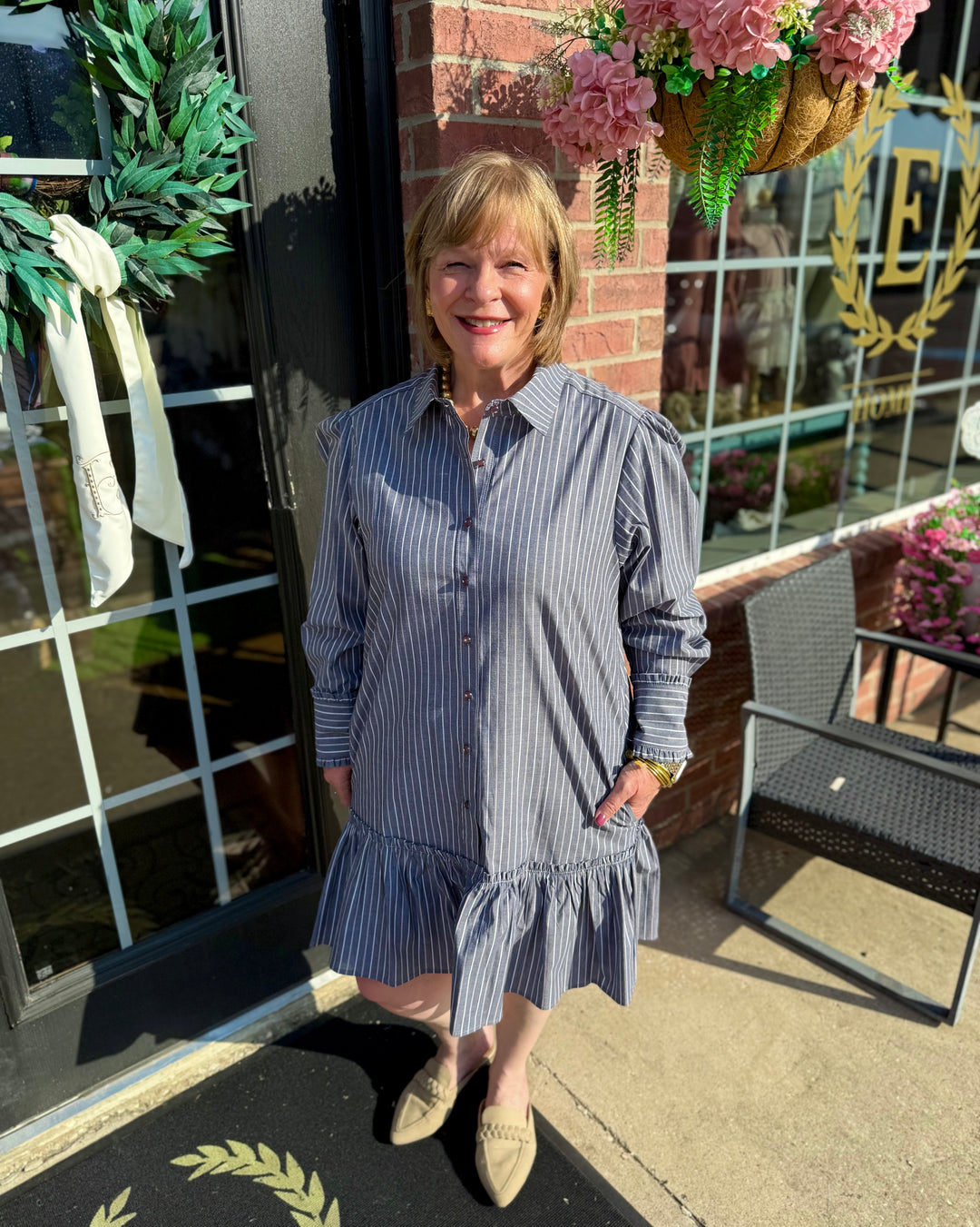 Drop Waist Shift Dress in grey stripes, long sleeves, ruffled hem. Available in sizes XS-XL.