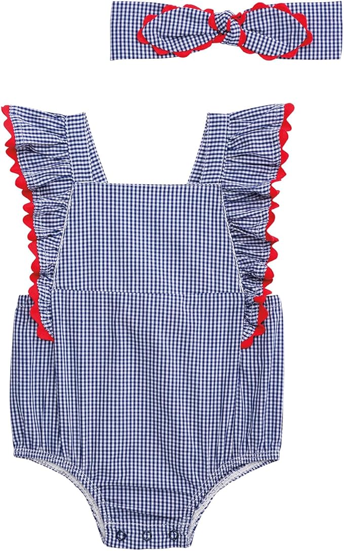 Blue gingham romper with red-trimmed ruffled straps and a matching headband. Available in NB, 3M, 6M, 9M, and 12M sizes.