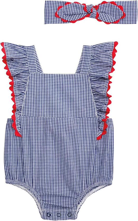 Blue gingham romper with red-trimmed ruffled straps and a matching headband. Available in NB, 3M, 6M, 9M, and 12M sizes.