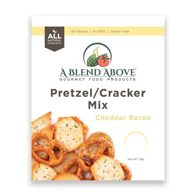 A package of A Blend Above Pretzel/Cracker Mix, Cheddar Bacon flavor, labeled all natural, gluten free, no MSG. Size options shown on packaging.
