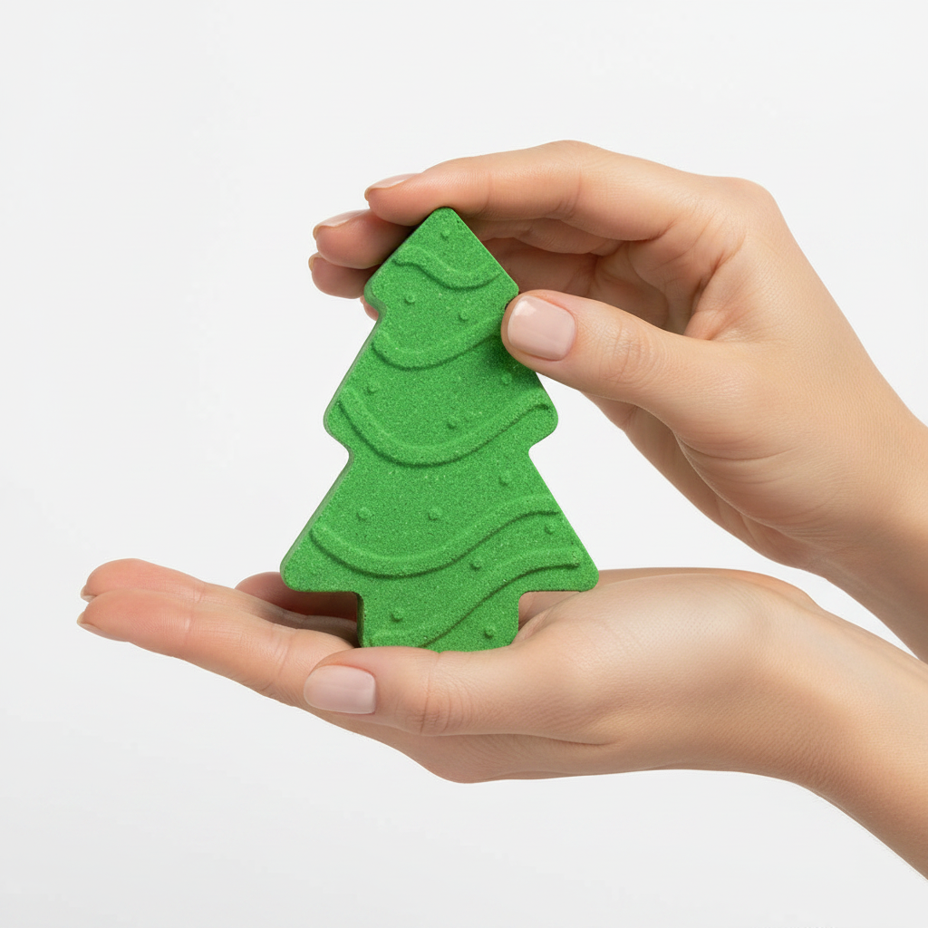 Green Christmas Tree Bath Fizzer, Sugar Plum scent, featuring wavy embossed lines and small dots.