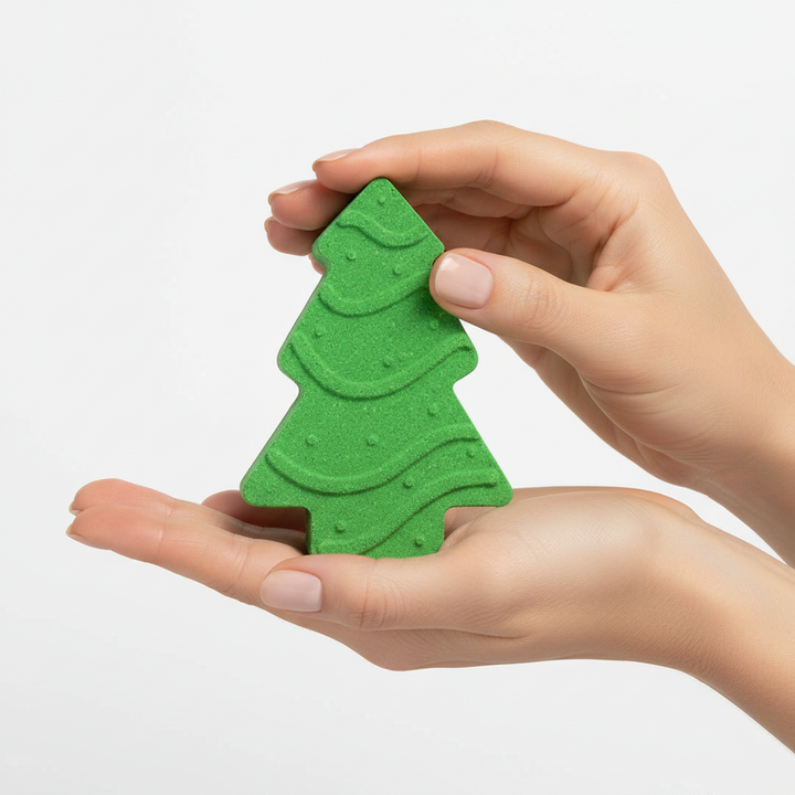 Green Christmas Tree Bath Fizzer, Sugar Plum scent, featuring wavy embossed lines and small dots.