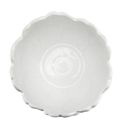 White ceramic artichoke bowl with scalloped, flower-inspired edge; available in multiple sizes.