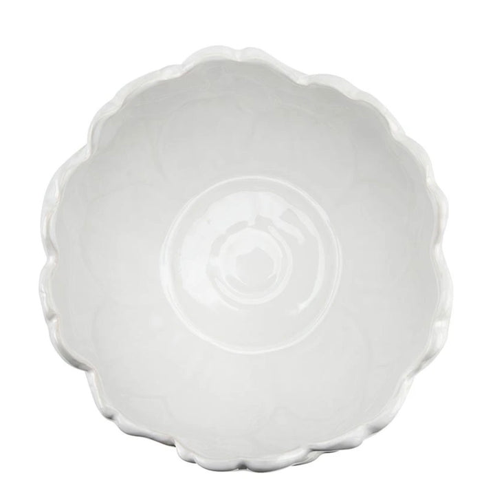 White ceramic artichoke bowl with scalloped, flower-inspired edge; available in multiple sizes.