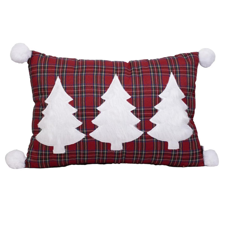 White Spruce Plaid Throw Pillow with three white tree appliques and corner pom-poms.
