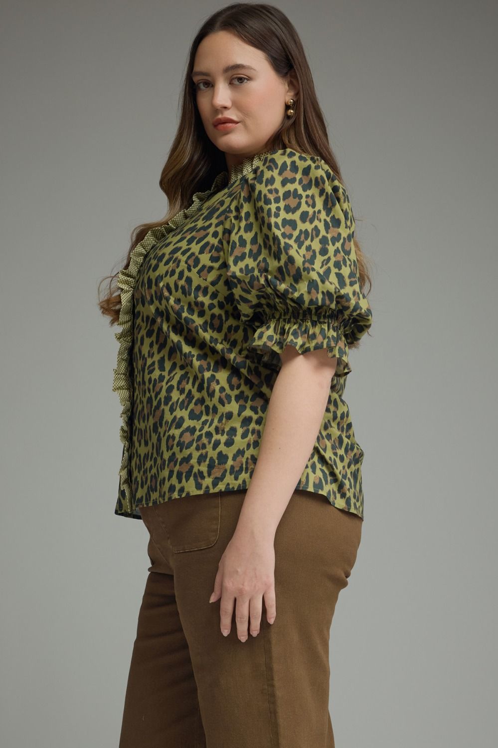 Olive Leopard Puff Sleeve Ruffle Top; available in sizes XS-XL.