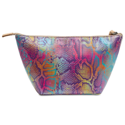 Colorful snakeskin-patterned cosmetics bag with brown zipper, available in multiple sizes.