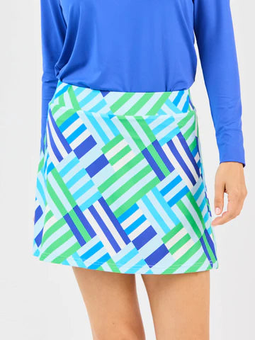Saratoga Skort with built-in shorts, blue/green/white geometric pattern, UPF protection; available in sizes XS-XL.