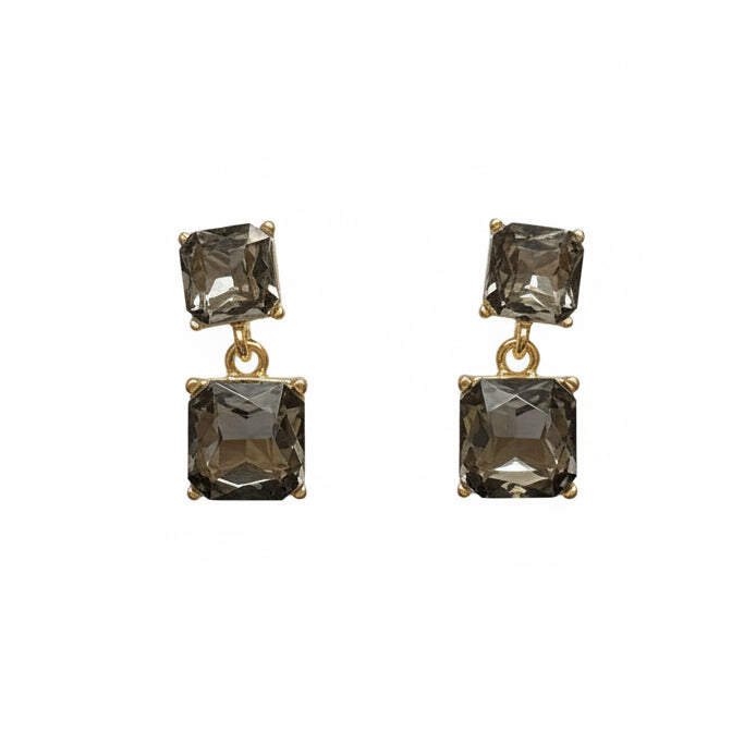 Pruit Black Diamond Post Dangle Earrings: gold-tone dangle earrings with two linked square smoky quartz stones, a smaller one on top and a larger one below, set in gold prongs. Available in multiple sizes.