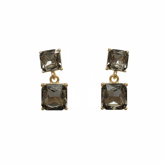 Pruit Black Diamond Post Dangle Earrings: gold-tone dangle earrings with two linked square smoky quartz stones, a smaller one on top and a larger one below, set in gold prongs. Available in multiple sizes.