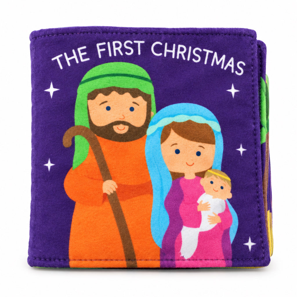 The First Christmas Soft Book featuring an illustration of Joseph, Mary, and baby Jesus.