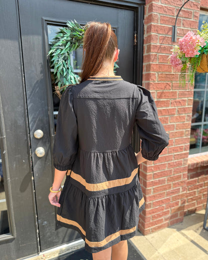 Cooper Dress in Black + Tan, available in sizes XS-XL.