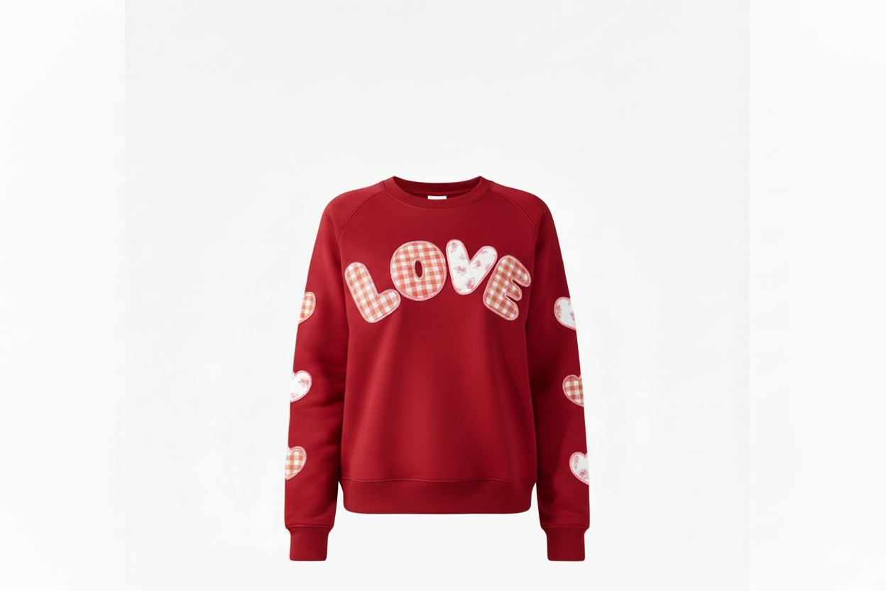 Red sweatshirt with plaid "LOVE" applique on chest, plaid heart patches. Available in sizes S-XL.