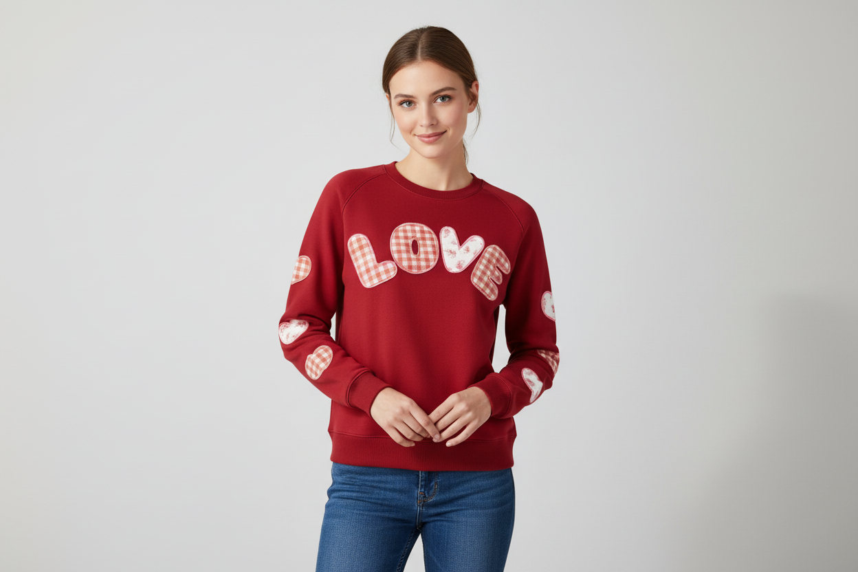 Love Patch Sweatshirt with "LOVE" in patchwork letters and heart patches on sleeves. Available in sizes XS-XL.