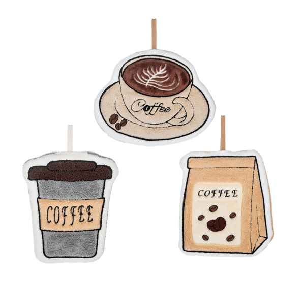Coffee Decorative Hand Towels in crisp white, each with embroidered designs: a steaming coffee cup with latte art, a to-go cup, and a bag of beans labeled “COFFEE.” Available sizes: 16″x28″.